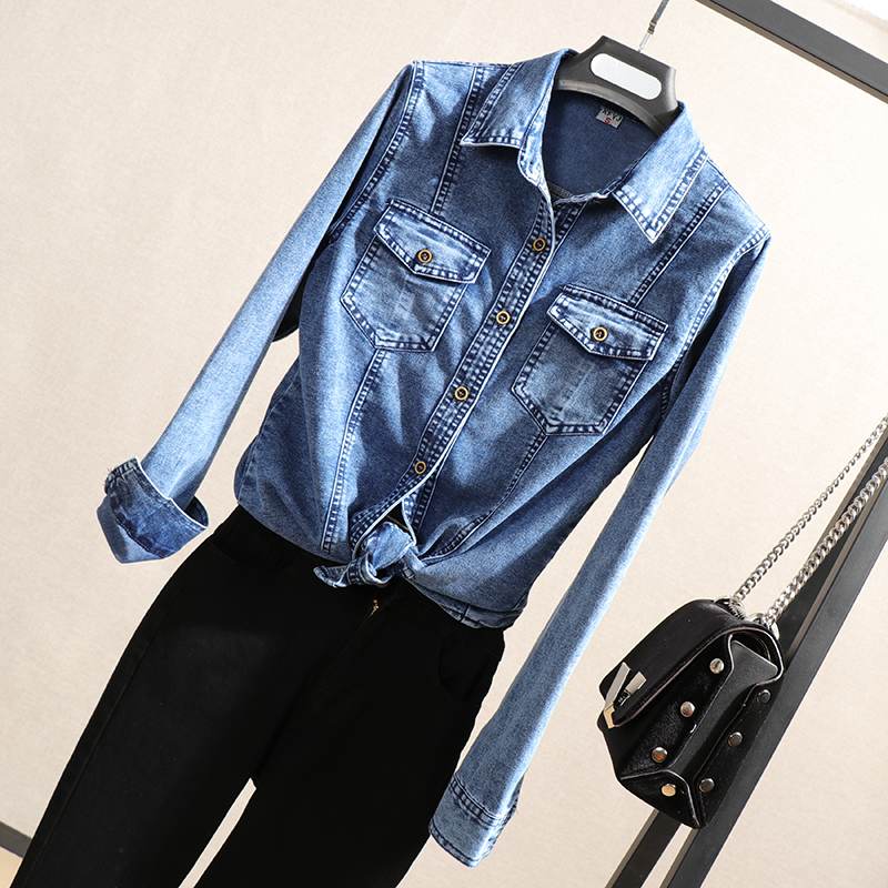 Boomer Denim Shirt Woman 2022 Spring new hit undershirt Long sleeves shirt laminated with elastic blouses for body jacket