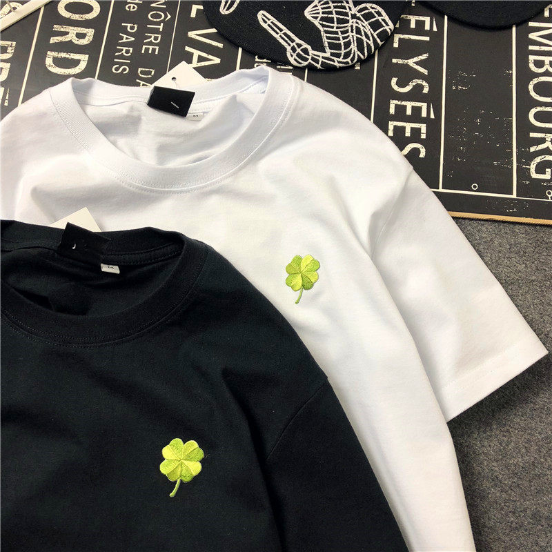 Tide card 2021 Summer four leaves straw pure cotton short sleeve T-shirt Korean version 100 hitch to hit bottom t male and female lovers half sleeve