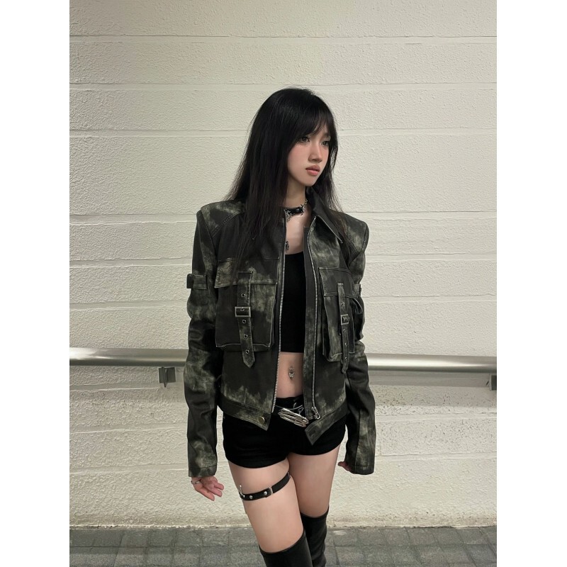 7Iae Light Punk Leather Jacket American Street Retro Distressed Hot Girl Jacket Women's Autumn and Winter Motorcycle Jacket Top