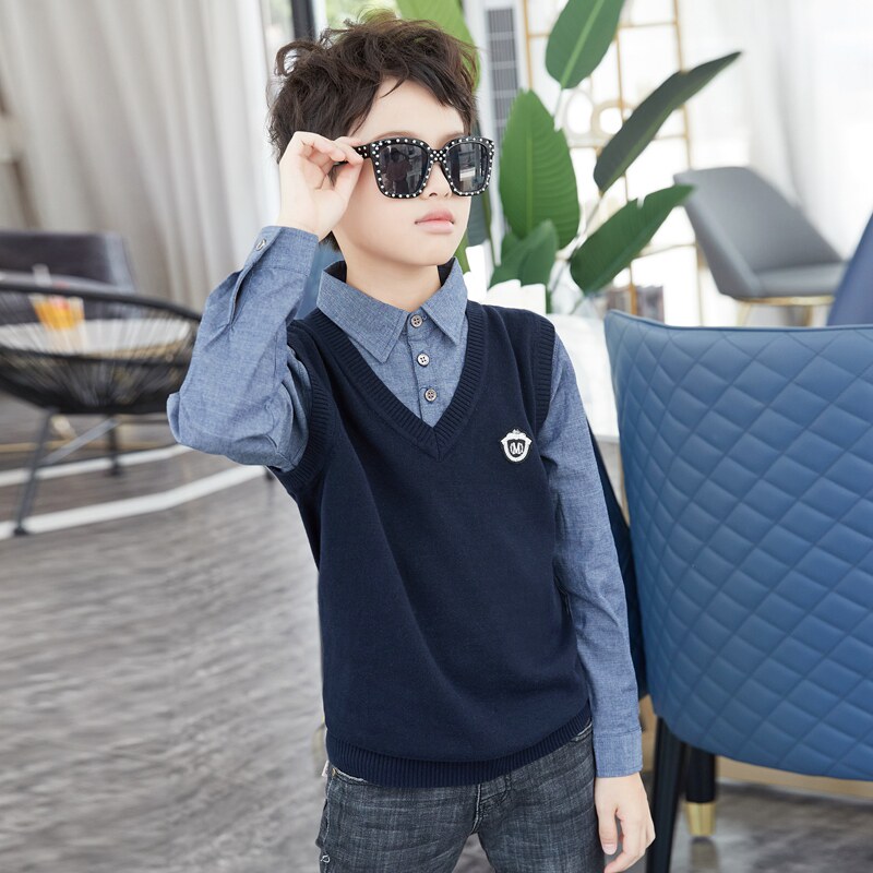 Boys shirt Sweater vest fake two-piece suit Baby shirt collar horse clip Children's wool vest Pure cotton sweater