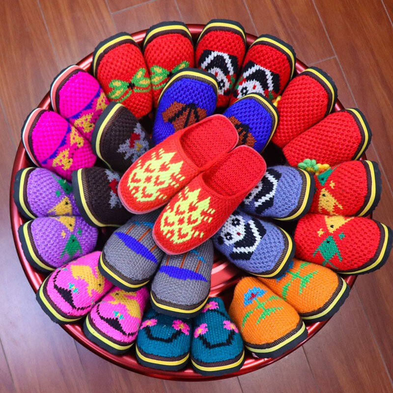 Hand-Knitted Woolen Shoes, Finished Slippers, Knitted Crochet Slippers for Rural Women, Wedding Woolen Slippers
