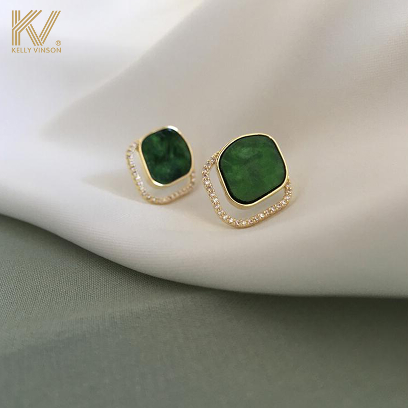 Green Ear Accessories Woman Geometric Rhomboid Small Crowdshot Lukewarm Wind Retro Temperament Refined Advanced Sense Minimalist Earrings