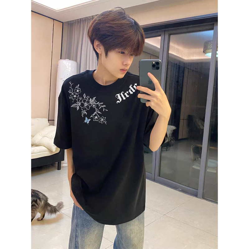 American High Street Floral Print Pure Cotton Short-Sleeve T-Shirt for Boys, Summer National Trend Brand Heavyweight Youth Half-Sleeve Top American High Street Floral Print Pure Cotton Short-Sleeve T-Shirt for Boys, Summer National Trend Brand Heavyweight Youth Half-Sleeve Top