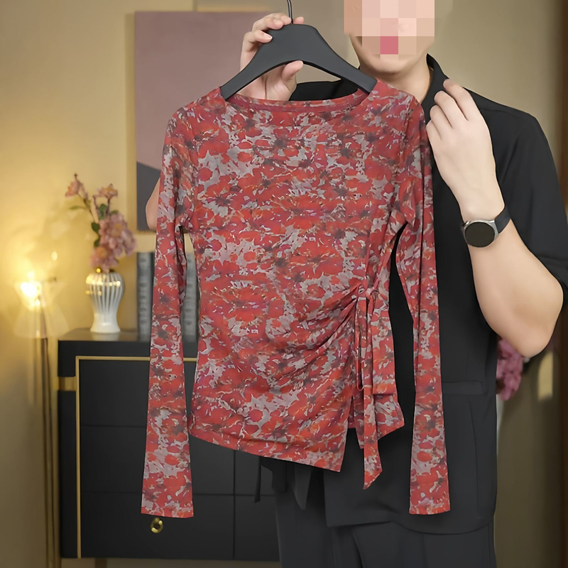 Plus Size Women's Clothing, New Autumn Style, Double-Layer Mesh Lace-Up Long-Sleeved Floral T-Shirt, Slim Fit, Stylish, Retro, Fat mm Top