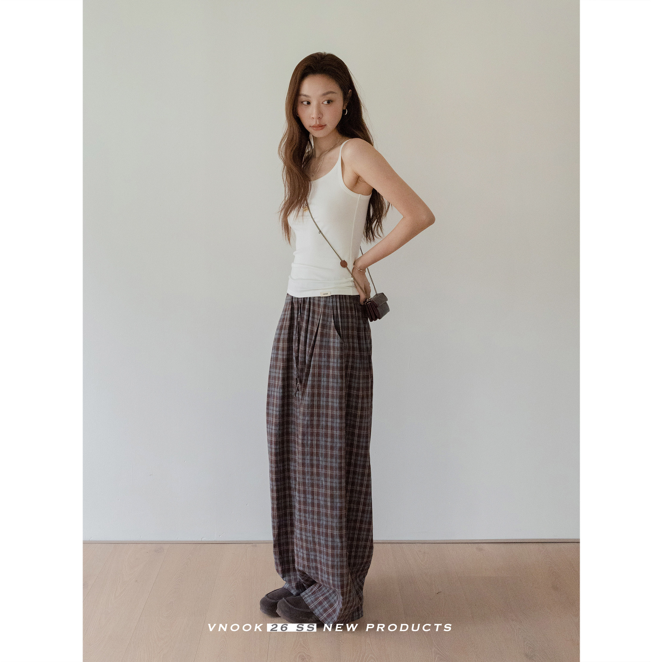 VNOOK женские широкие брюки из хлопка в клетку с эластичным поясом, весна 2026