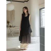 VNOOK solid color spliced suspender skirt spring and summer new design niche temperament drape u-neck long skirt
