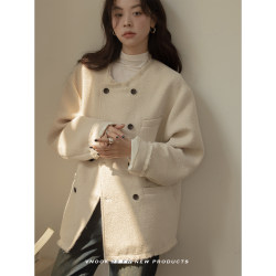 VNOOK Xiaoxiangfeng woolen coat women's new autumn and winter round neck loose casual tweed fur edge off-shoulder coat