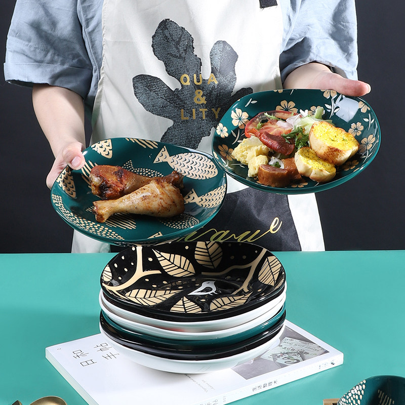 Glazed Nordic Ins Home Ceramic Dishes Creative Nets Red Fried Dishes Soup Pan Water Fruit Dish Good-looking Deep Dish