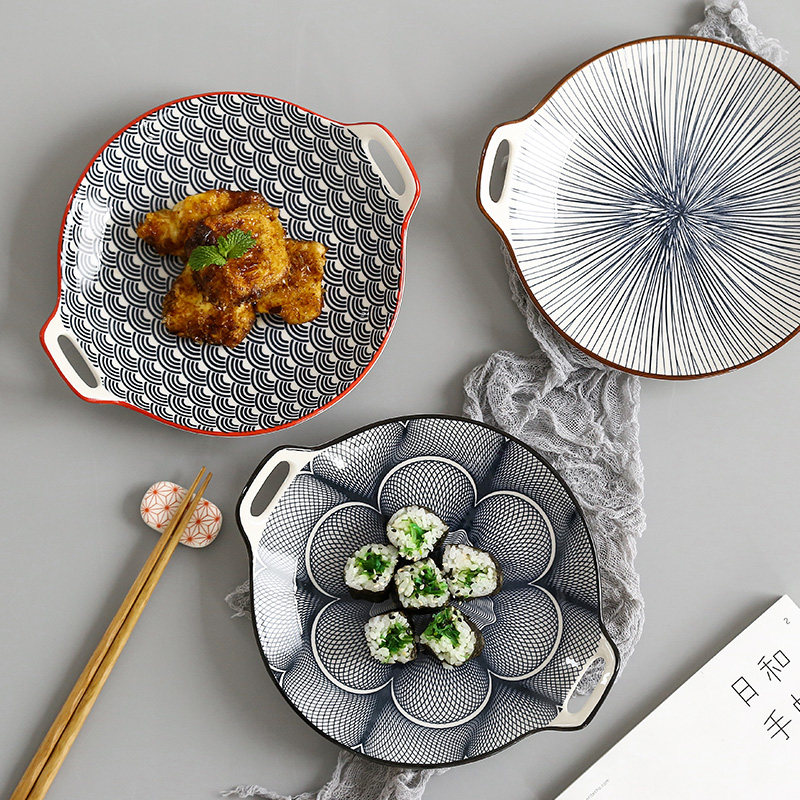 Glazed Color Creative Ceramic Pan Double Ear Oven Plate Large Pizza Dish Home Plate Sara Pan Breakfast Pan Round