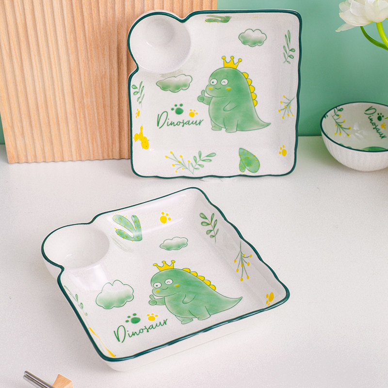 Baby dumpling plate with vinegar plate ceramic compartment plate creative Japanese tableware household square dumpling plate tray