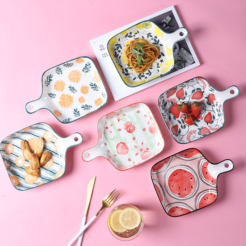 Net Red Ins Creative Ceramic With Handle Plate Home Cutlery Breakfast Pan Tray