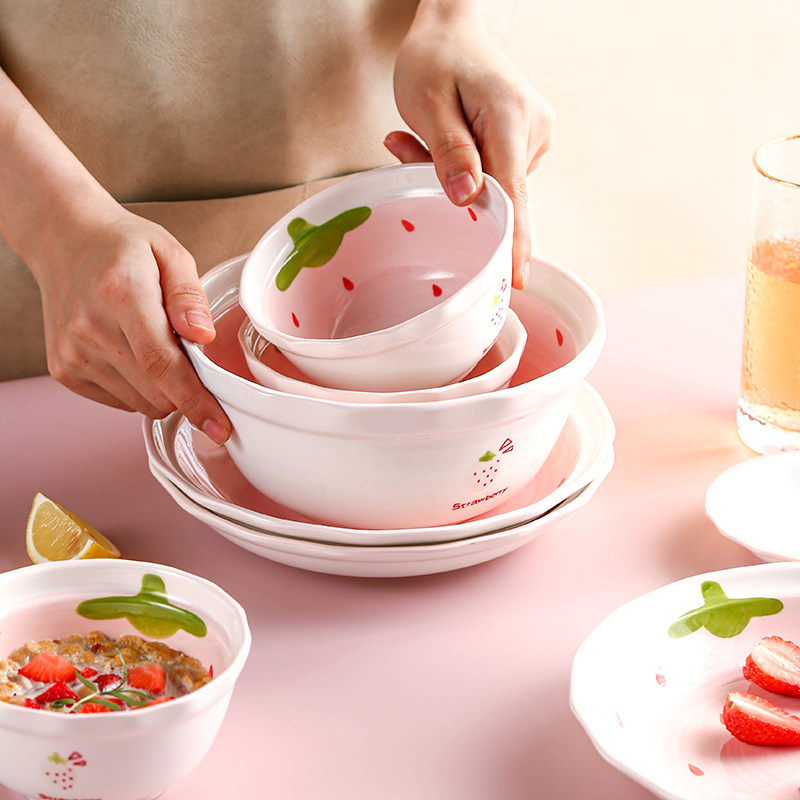 Strawberry Bowl suit Home Ceramic Rice Bowls LOVELY FACE RICE BOWLS PLATE SUBNET RED CUTLERY BOWL TRAY COMPOSITION