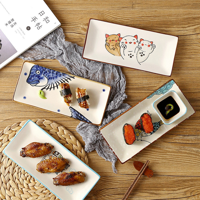 Underglaze color hand-painted household creative rectangular ceramic dessert cake plate plate Sushi plate Fish plate Japanese tableware