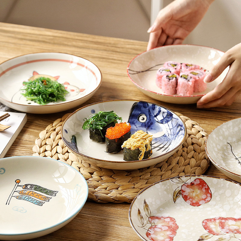 Hand-painted underglaze color Japanese-style 8-inch creative ceramic deep plate home dish plate rice plate Western food steak plate breakfast plate
