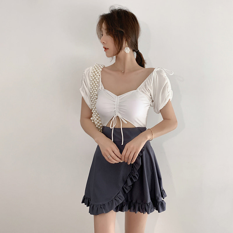 2020 new swimsuit female South Korea ins wind small chest flat angle skirt conservative student swimsuit cover the belly show thin hot spring