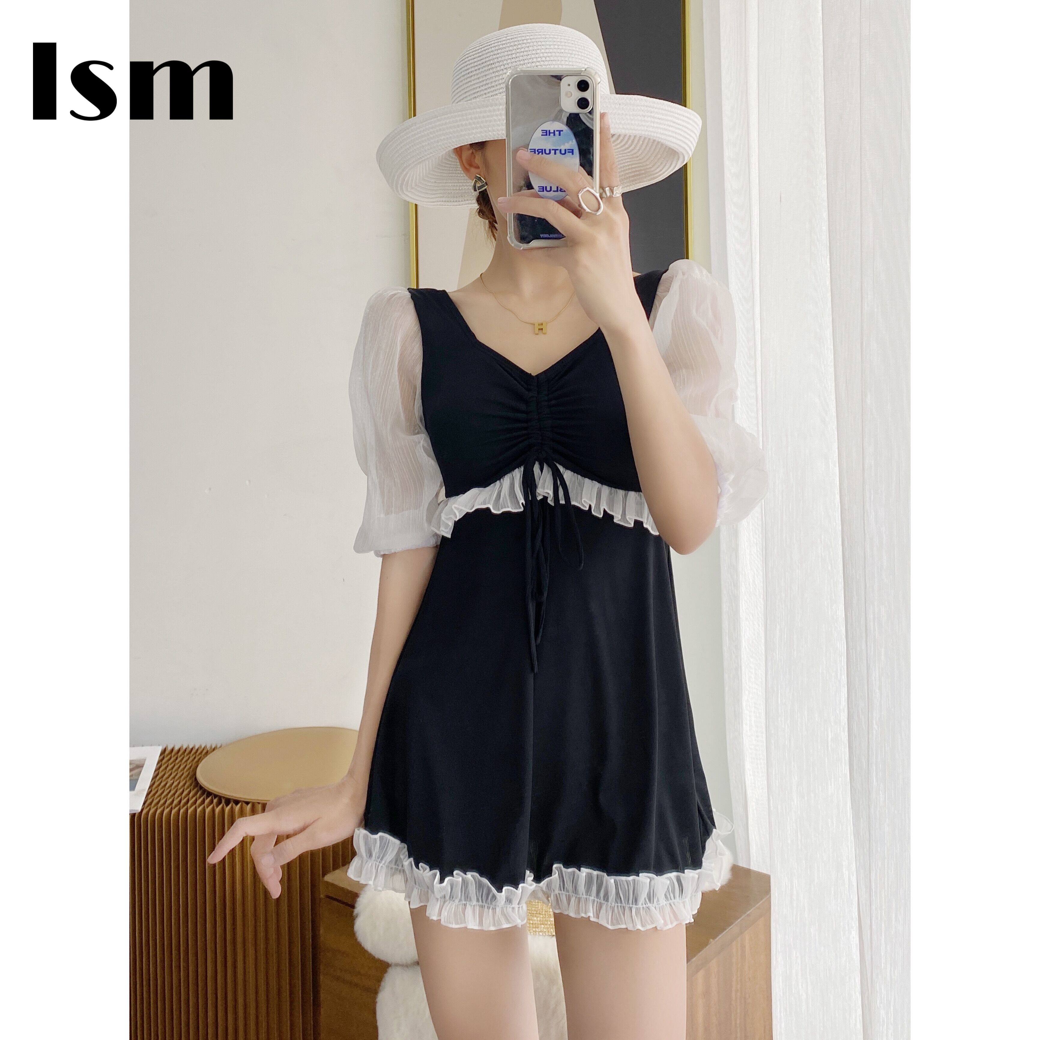Litho Comic Dress Style Small Breasted Swimsuit Woman Summer Shade of Lean Bubble Sleeves Conservative Students Day Ensemble Cute Seaside