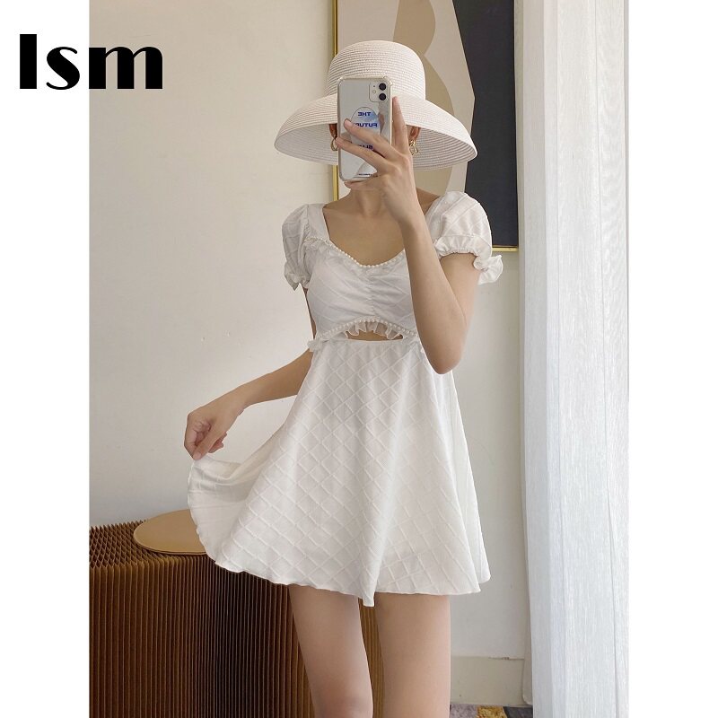 2021 new summer Two style swimwear women dress style Belly Button Slim Conservative Flat Corner Student Little Chest Fairy Van Swimming Costume