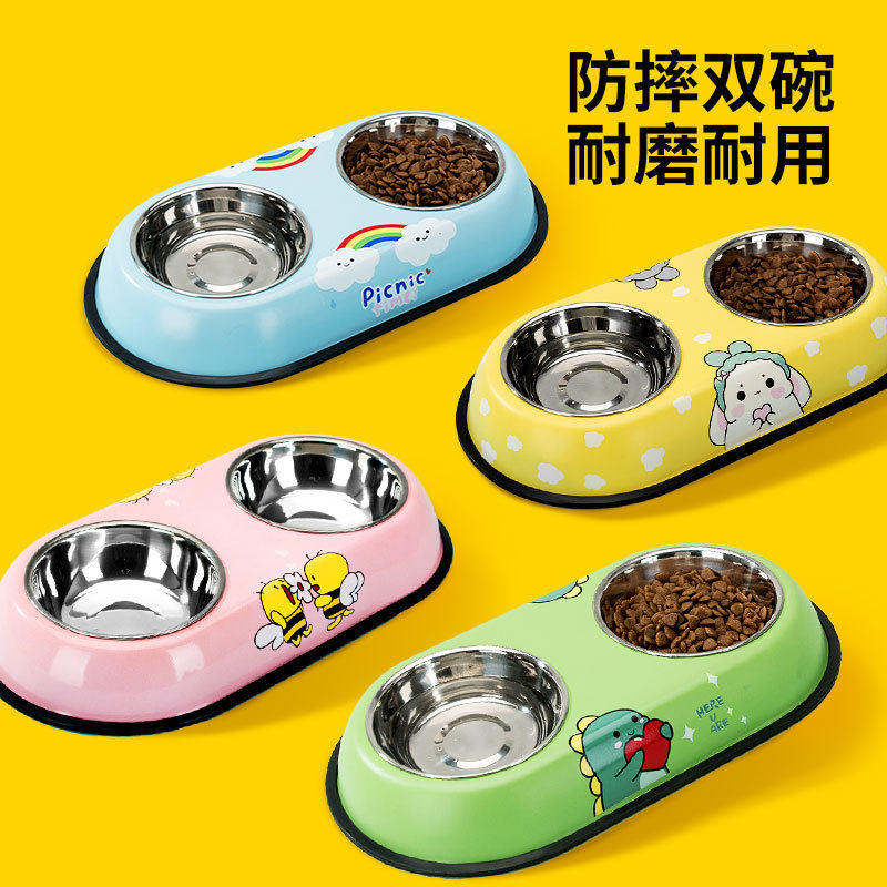 Dog Bowl Cat Bowl Teddy Pooch double bowl Dog Basin Cat Food Basin Cartoon Small & Medium Dog Automatic Drinker Pet Supplies