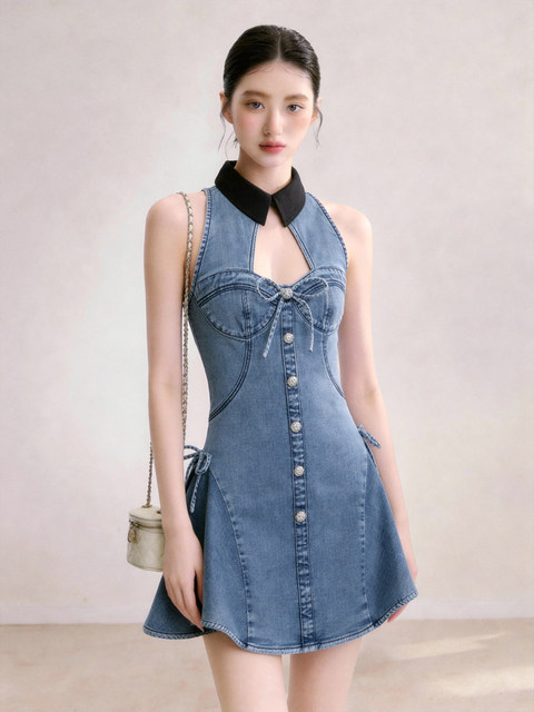 High-End Designer Denim Dress for Women 2026 Summer Sleeveless Waist-Cinching Bow Blue Elegant Outfit Dress