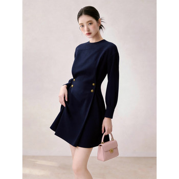 Commuting Outfit Round Neck Waist-Cinching Dress for Women 2026 Summer Blue Long-Sleeved Workplace Elegant A-Line Dress