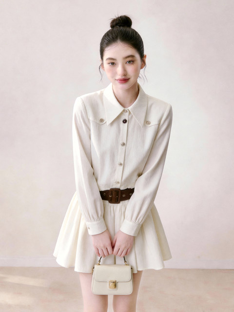Elegant White Shirt Dress for Women, Waist-Cinching, with a Turn-Down Collar, New Trendy Style for Summer 2026