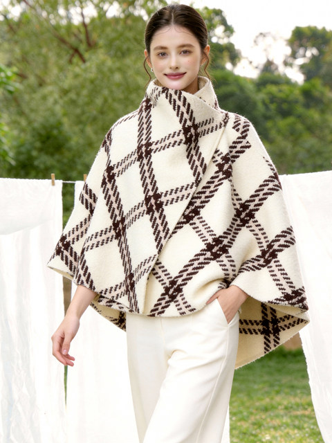 Super Stylish Korean-Style Tweed Plaid One-Piece Cape Jacket with an Elegant and High-End Feel, Unique and Beautiful Top That Really Stands Out