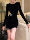 Black Round-Neck Slim-Fit Dress with a Waist-Revealing Design, Mature and High-End Feel, 2025 Winter New Long-Sleeve Dress for Women
