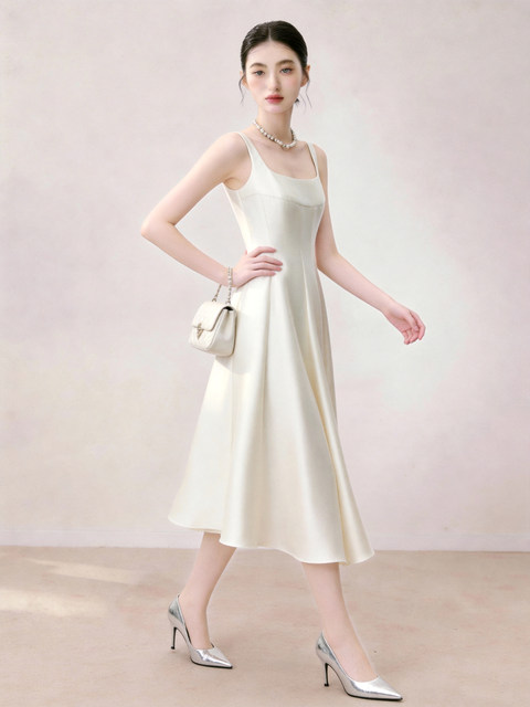 Elegant Sleeveless Suspender Dress 2026 Summer Waist-Cinching Slimming White Mid-Length Dress with a High-End French Minimalist Style