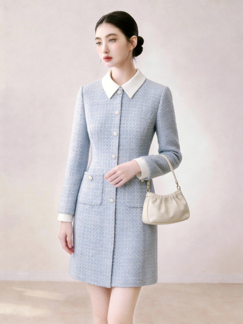 Elegant Blue Dress with Lapel Collar for Women, 2026 Summer Long-Sleeve Waist-Cinching Dress, High-End Style for Date Nights and Parties