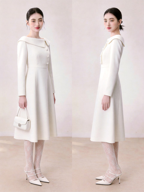 French Elegant Style White Lapel Dress for Women 2026 Summer Long-Sleeved Waist-Cinching A-Line Dress for Date and Party Wear