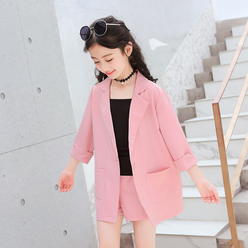 Girls' suits spring and summer 2022 new children's pink small suit shorts three-piece set of tide clothes Western style
