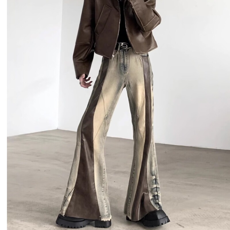 American-Style Patchwork Leather Distressed Jeans for Men, New Summer Trendy Brand, Loose Flared Wide-Leg Floor-Length Pants, Cool and Stylish American-Style Patchwork Leather Distressed Jeans for Men, New Summer Trendy Brand, Loose Flared Wide-Leg Floor-Length Pants, Cool and Stylish