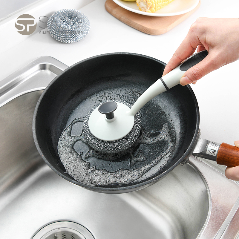 Home Long Handle Pan Brush Gas Stove Decontamination Clean Ball Brush With Handle Brush Head Removable Brush Pan Dishwashing Brush