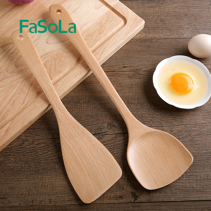 Fasola Beech long handle Spatula Stir-fry spatula Household non-stick pan Wooden spatula Kitchen wooden fried rice spatula set