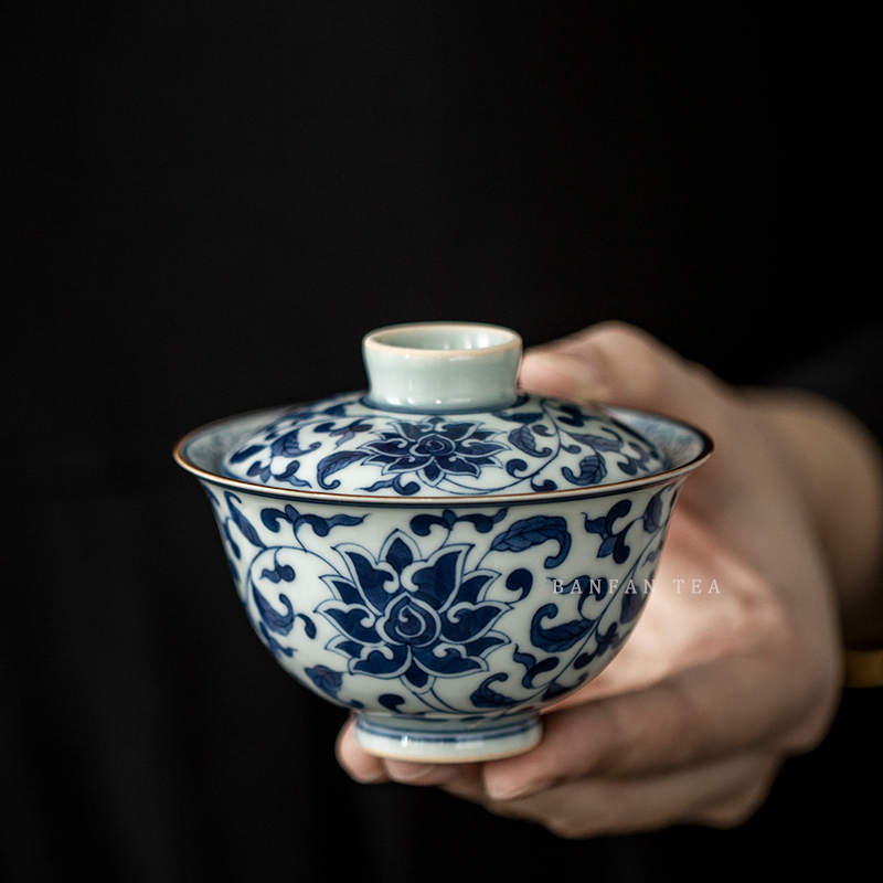 Half Van Jingdezhen Handmade Chinese style Old mud stock Qingzao Porcelain Tangle Branches Lotus Retro Tea Tea Bowl single tea bowl Two only cover bowl-Taobao