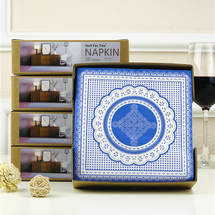 Printed paper napkins, colored napkins, wine glass, flower arrangement paper, hotel table decoration, placemats, blue patterns, 50 pieces per box