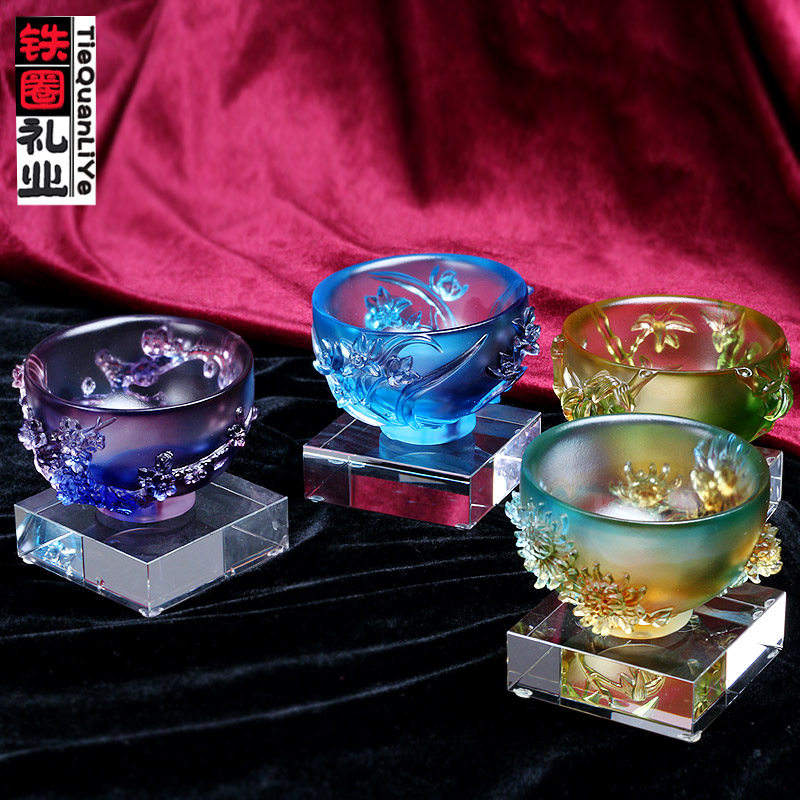 Iron ring gift industry plum orchid bamboo chrysanthemum bowl glass cup ornaments Chinese living room wine cabinet decoration art collection craft gift ornaments