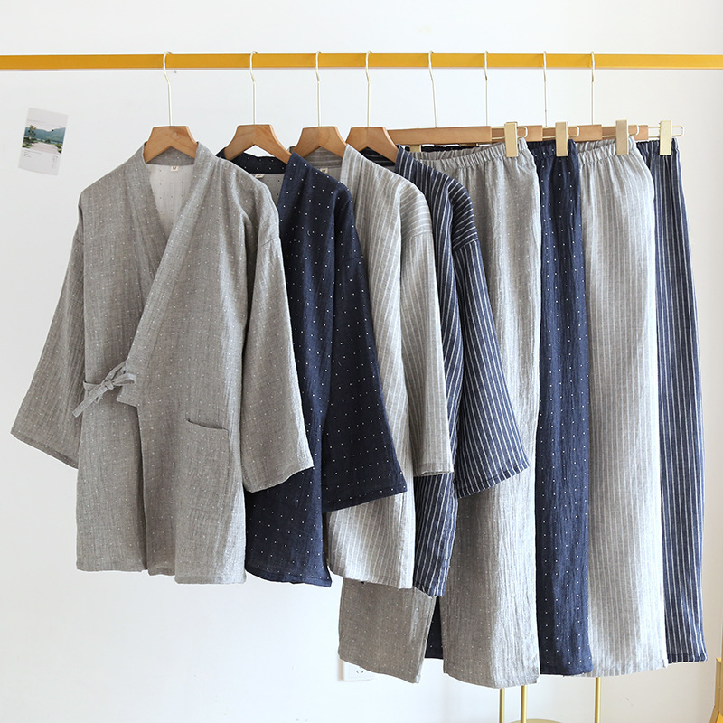 Japanese-Style Kimono Pajamas, Spring and Autumn Pure Cotton Thin Couple's Loungewear, Japanese-Style Plus-Size Men's Pajamas, Tie-Up Sauna Suit