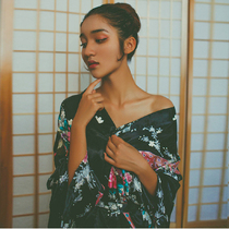 Long style black sleeping robe woman Summer Sexy emulation Silk retro print 200 catty day style folk bath robe