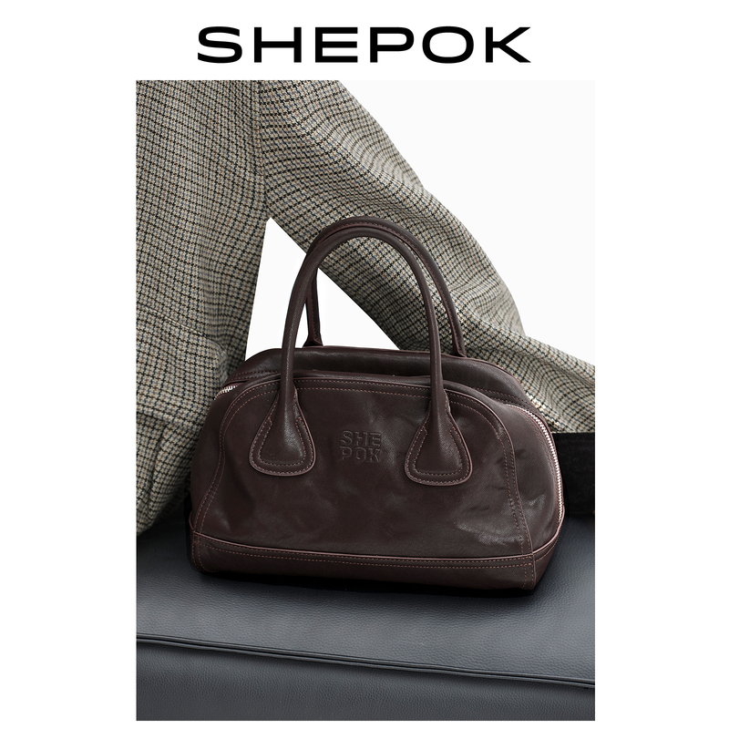 Xiboque New Bowling Bag Top-Layer Vegetable-Tanned Leather Handbag for Women, Commuter Shoulder Crossbody Bag, Boston Bag