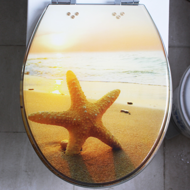 Resin toilet cover Toilet cover universal UVO thickened slow down stainless steel hinge Dawn ocean beach painting