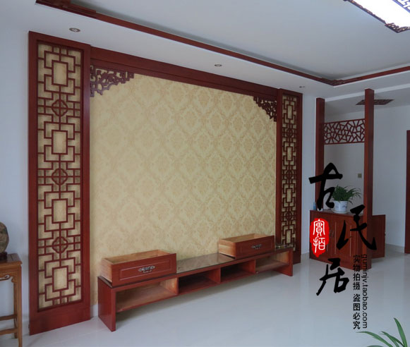 Dongyangmu engraving Chinese imitation antique door and window screen suspension ceiling Ceiling Ceiling solid wood Flower lattice TV Background wall Custom