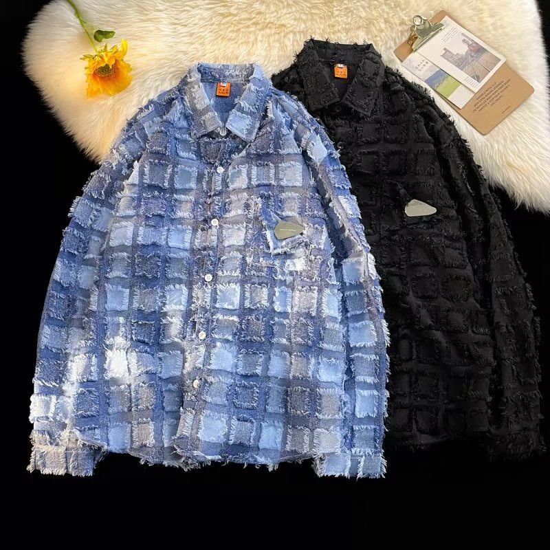 Xiaoxiang Style Plaid Shirt for Men, Long-Sleeved, High-End, Niche Trendy Brand Jacket, Lazy Style, Tassel Loose Shirt