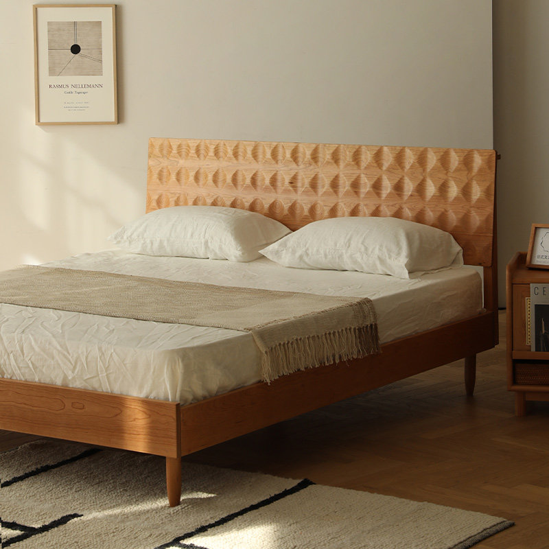 Fuye Sea Wave Solid Wood Bed Japanese Style Cherry Wood Simple Salt Style Wood Double Bed 18 Meters Bedroom King Bed 