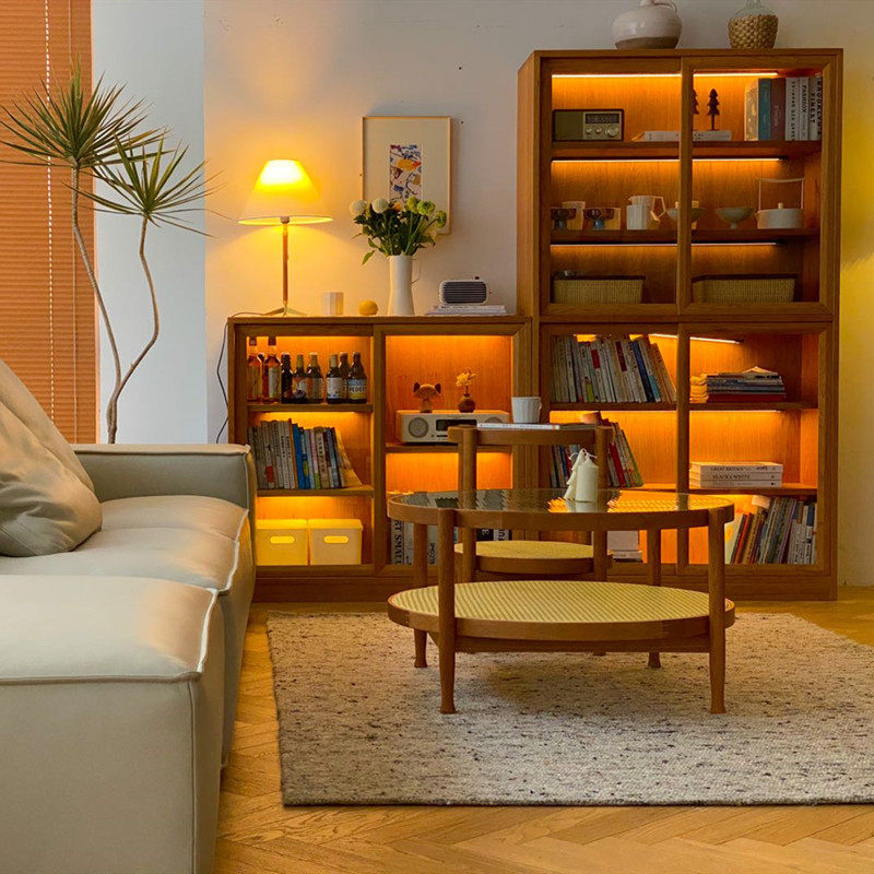 Fu also Japan-style mobile door glass dining cabinet Composition Cherry Wood Solid Wood Bookcase Living-room Adjustment Display Cabinet Brief