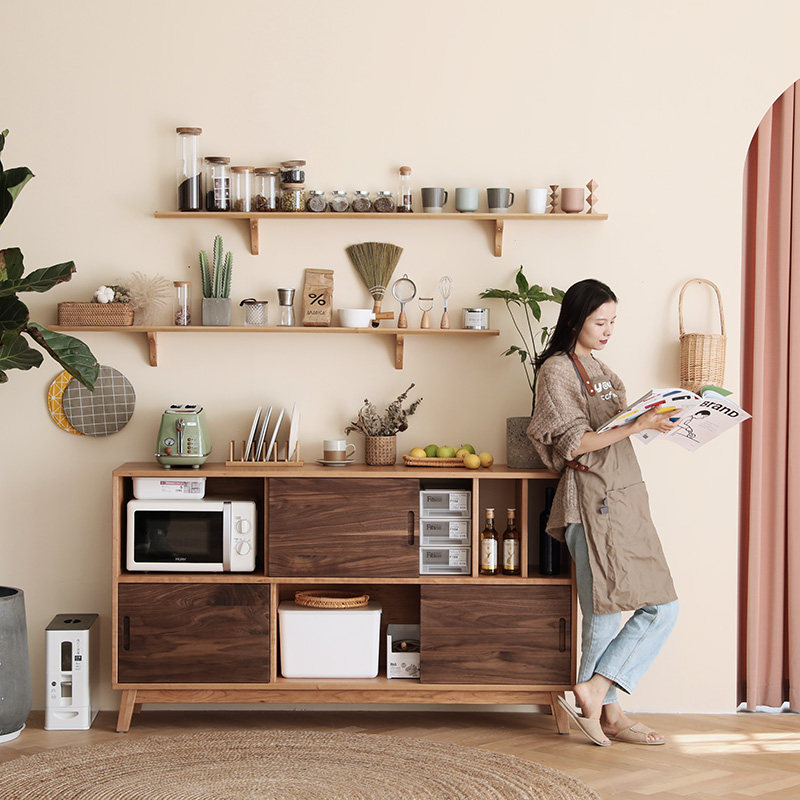 Nordic solid wood sideboard home multifunctional modern minimalist black walnut cupboard microwave kitchen Japanese cabinet