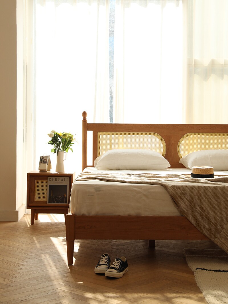 Fuye Peninsula Cherry Wood Rattan Solid Wood Bed Double Retro Light Luxury Marriage Bed Nordic Japanese B & B Style Log Bed