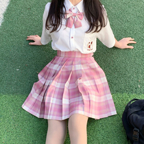  Raspberry black tea jk uniform skirt genuine grid skirt spot Zhongpai Pavilion plaid half-body college style short pleated skirt female summer