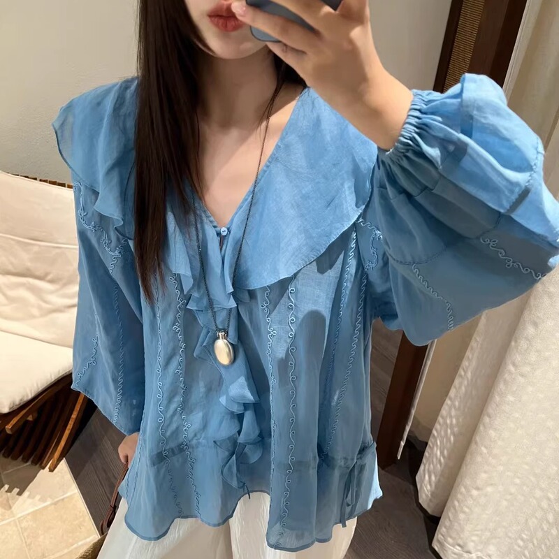 100% Ramie~Lace Splicing Ruffle Collar Embroidered Pullover Top Women's Long-Sleeved Shirt 2026 Spring New Style
