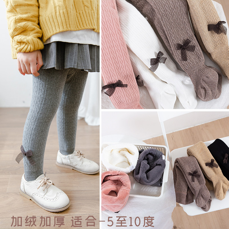 Spring Autumn New Korean Version Butterfly Knot Flower Button Girl Pants Socks Knit Cotton Baby Baby Beats Bottom Pants Long Barrel Socks